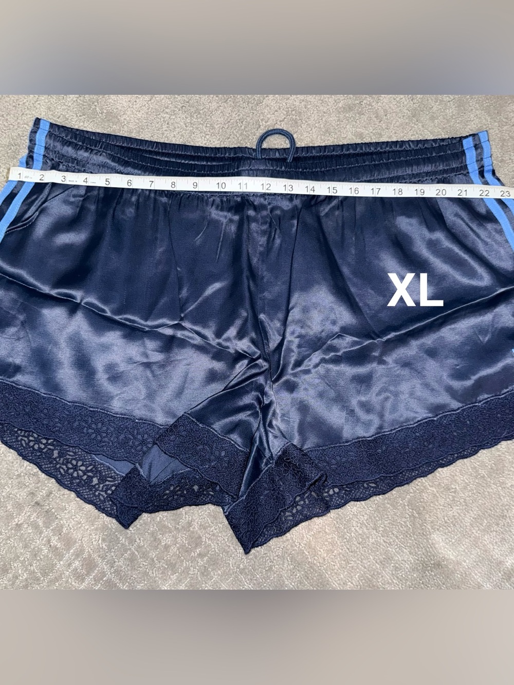 NWT adidas Originals × ASOS lace hem shorts in navy satin - Picture 15 of 16
